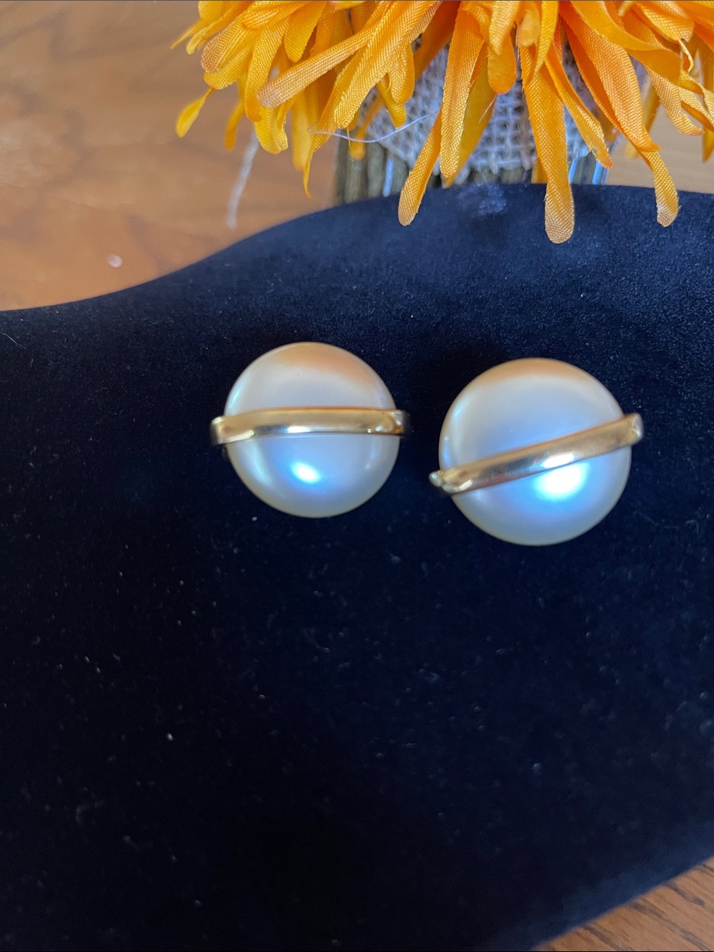 Trifari Pearl Dome Studs with Gold Band